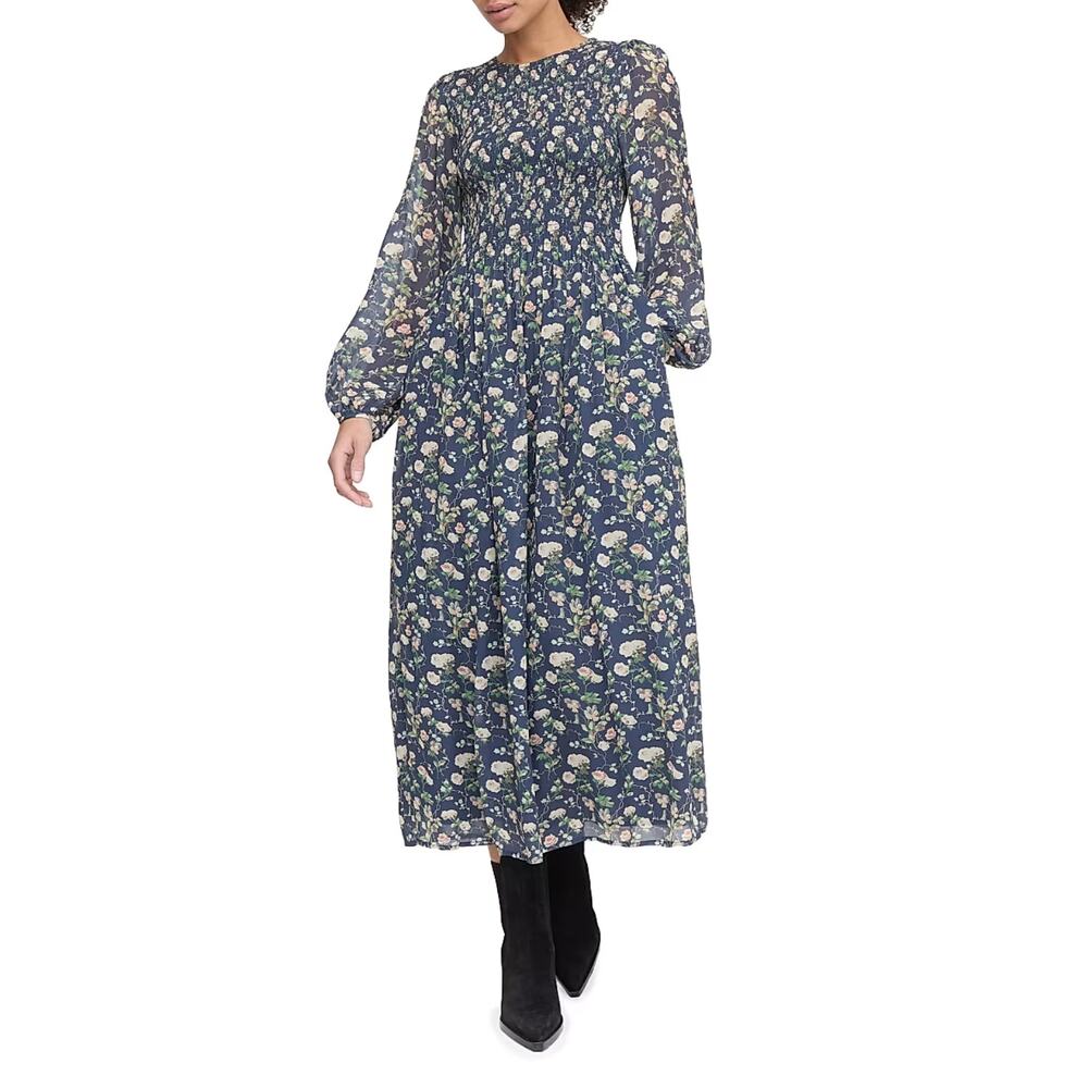 Hill House Home Ruby Nap Dress Smocked Midi Navy Bluebonnet Long Sleeve XS